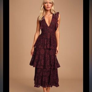Lulu's Molinetto Burgundy Floral Lace Size M Ruffle Tiered Maxi Dress